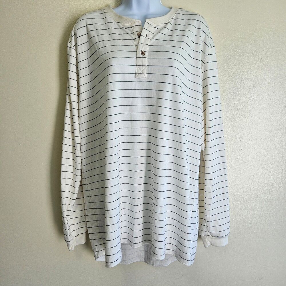 Premise Striped Long Sleeve Top Tunic 2 Buttons Cream Casual Fall Women XL
